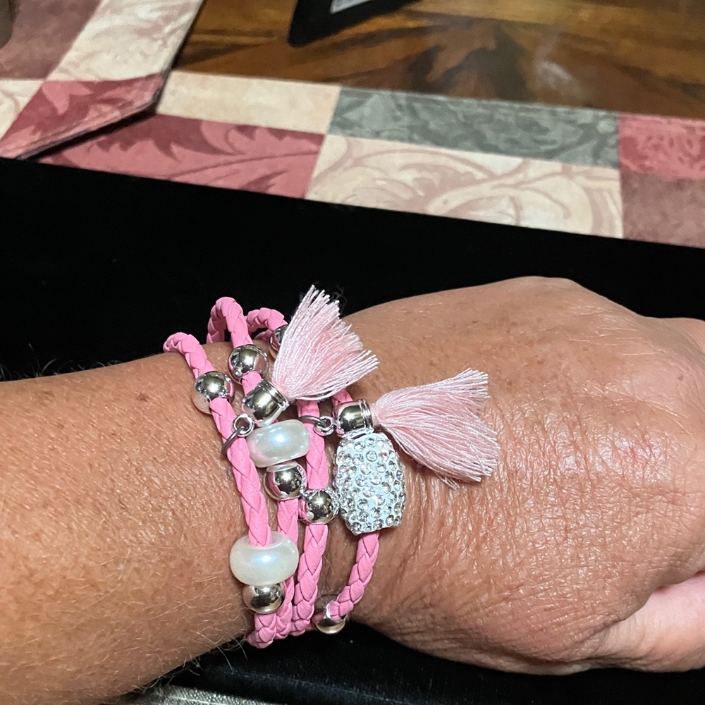 Pink Braided pug faux leather tassel bracelet with Silver Accents